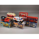 Five boxed Matchbox diecast model vehicles: 17 The Londoner, Superfast 19 Cement Truck, Superfast 65