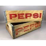 Pair of vintage-style wooden crates stamped Pepsi, each approx 46cm x 30cm x 13cm