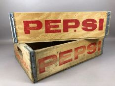 Pair of vintage-style wooden crates stamped Pepsi, each approx 46cm x 30cm x 13cm