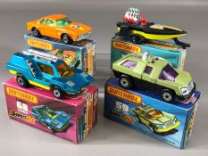 Four boxed Matchbox Superfast diecast model vehicles: 5 Seafire, 45 BMW 30 CSL, 59 Planet Scout,