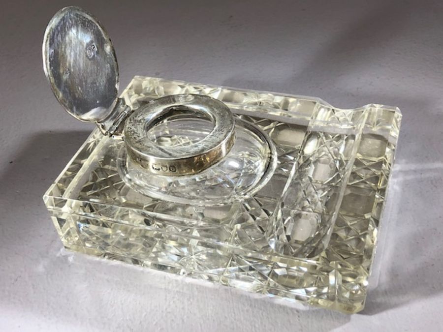 Collection of three inkwells: A leather cased travelling ink well with glass pot. A silver - Image 2 of 12