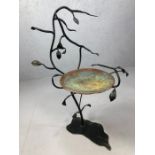 Copper and wrought iron bird bath, approx 90cm tall