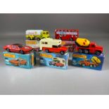 Five boxed Matchbox diecast model vehicles: 14 Petrol Tanker, 17 The Londoner, Superfast 19 Cement