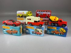 Five boxed Matchbox diecast model vehicles: 14 Petrol Tanker, 17 The Londoner, Superfast 19 Cement