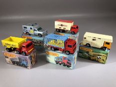Five boxed Matchbox diecast model vehicles: 30 Arctic Truck, 35 Zoo Truck, Superfast 40 Horsebox,