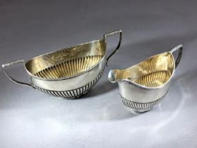 Silver hallmarked handled and fluted sugar bowl & milk jug approx 70g