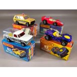 Four boxed Matchbox Rola-matics diecast model vehicles: 20 Police Patrol, 35 New Fandango, 47