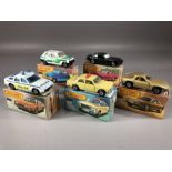 Five boxed Matchbox diecast model vehicles: 8 Rover 3500, Superfast 21 Renault 5TL, 56 Mercedes