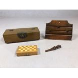 Small collection of wooden items to include Chinese style lidded box, letter rack, a rhinoceros