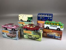 Five boxed Matchbox diecast model vehicles: 4 '57 Chevy, 17 The Londoner, Superfast 40 Horsebox,