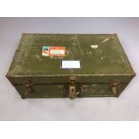 Vintage metal bound travel trunk with Cunard Line stickers for the Queen Mary, accompanied by