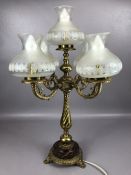 Brass and marble five branch chandelier style table lamp glass shades and lion paw feet approx