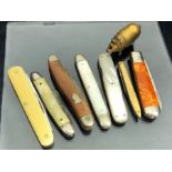 Collection of fruit knives/ pen knives & a Vintage brass pig Vesta case (8)