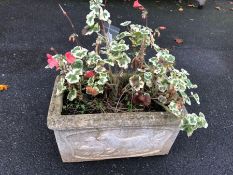 Rectangular garden planter adorned with otters, approx 49cm x 30cm x 26cm