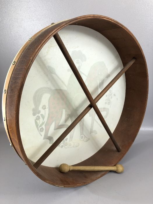 Welsh folk drum, approx 46cm in diameter, with a figure of a man and horse, with double ended - Image 3 of 3