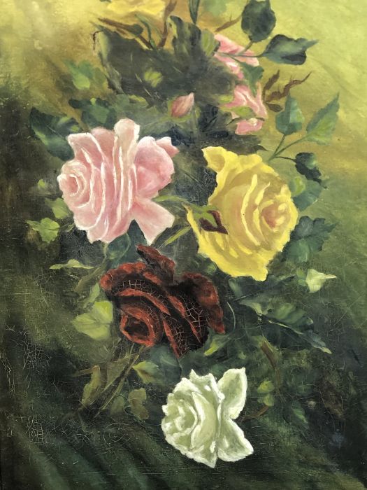 Unsigned oil on canvas of roses in a gilt frame, approx 44cm x 76cm - Image 2 of 3