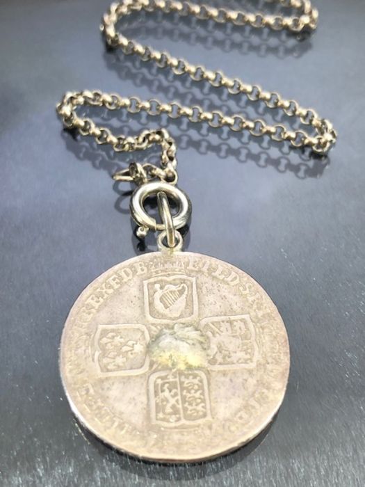 A British King George II 1745 silver half crown coin made into a pendant on a sterling silver chain - Image 2 of 4
