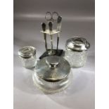 Silver items, dressing table Pots and a manicure set (scissors not silver) hallmarked A/F