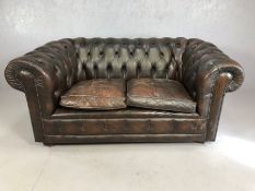 Chesterfield sofa, brown leather button back on castors, as found, approx 160cm wide