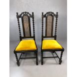 Pair of antique chairs with lattice work back and barley twist supports