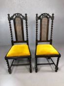 Pair of antique chairs with lattice work back and barley twist supports