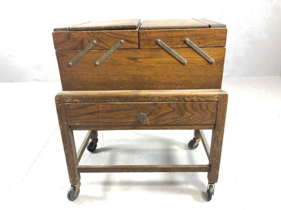 Vintage oak extending work box with drawer, on castors