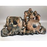 Chinese carved soapstone brush pot with intricately carved monkeys, rats and birds, approx 22cm in