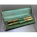 Watermans Ideal fountain pen & pencil set with Gold coloured mounts and in a leather folding case