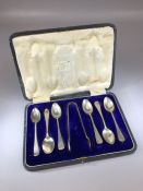 Boxed hallmarked set of silver, six teaspoons and sugar nips hallmarked for Sheffield by maker James