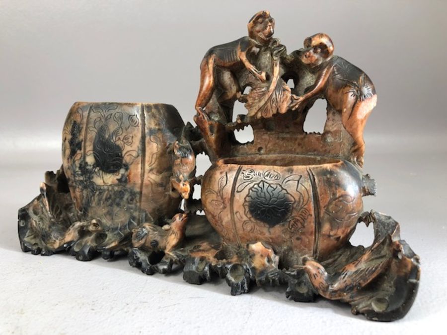 Chinese carved soapstone brush pot with intricately carved monkeys, rats and birds, approx 22cm in - Image 2 of 5