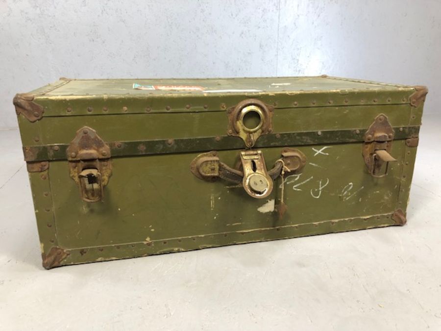 Vintage metal bound travel trunk with Cunard Line stickers for the Queen Mary, accompanied by - Image 2 of 5