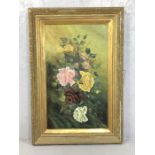 Unsigned oil on canvas of roses in a gilt frame, approx 44cm x 76cm