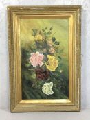 Unsigned oil on canvas of roses in a gilt frame, approx 44cm x 76cm