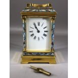 Enamelled champlevé carriage clock with eight day movement, striking on the hour and half hour,