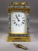 Enamelled champlevé carriage clock with eight day movement, striking on the hour and half hour,