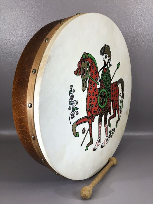 Welsh folk drum, approx 46cm in diameter, with a figure of a man and horse, with double ended - Image 2 of 3