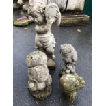 Collection of garden ornaments to include an owl and a squirrel