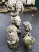Collection of garden ornaments to include an owl and a squirrel