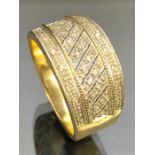 9ct Gold wide bodied gold ring set with Diamonds in three bands size approx 'V' & total weight 6.4g