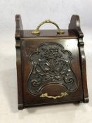 Wooden decoratively carved coal scuttle with brass handles