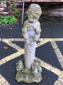 Garden statue of Pan sat on a column with squirrels beneath and inscription to reverse, approx