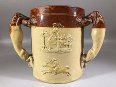 Doulton Lambeth three handled pottery tyg / mug, approx 14cm in height, impressed marks to base