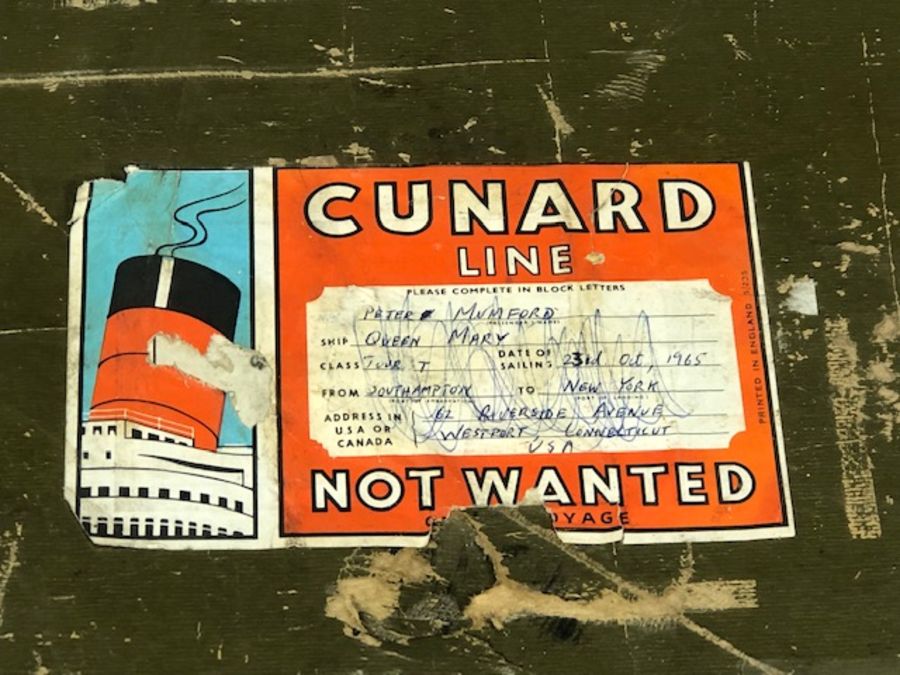 Vintage metal bound travel trunk with Cunard Line stickers for the Queen Mary, accompanied by - Image 3 of 5