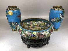 Three Chinese cloisonne items: a bowl, of squat circular form, decorated with floral decoration,