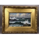 Oil on board of a seascape, label verso attributing to BYRON COOPER (1850-1933), approx 34cm x 22cm