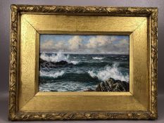 Oil on board of a seascape, label verso attributing to BYRON COOPER (1850-1933), approx 34cm x 22cm