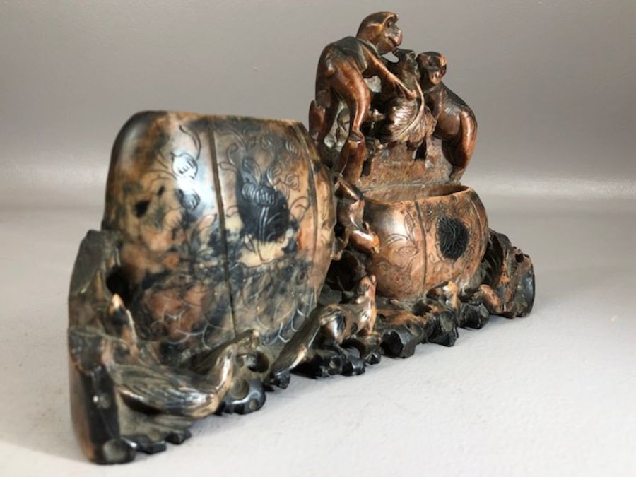 Chinese carved soapstone brush pot with intricately carved monkeys, rats and birds, approx 22cm in - Image 4 of 5