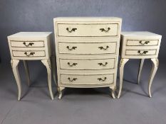 White painted small chest of drawers and two matching bedside tables