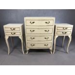 White painted small chest of drawers and two matching bedside tables
