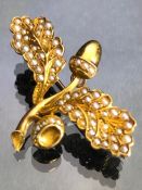 Gold Coloured brooch set with seed pearls in the form of a Acorn and two oak leaves approx 34mm x